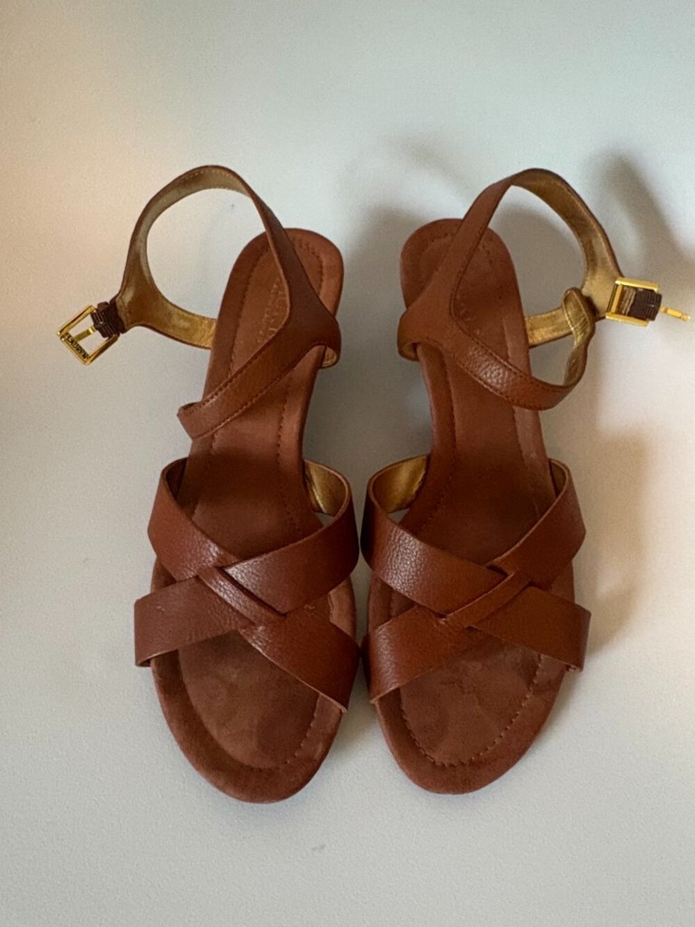 Lauren Ralph Lauren Laurissa Brown Leather Strappy Wedge Sandals Size 10B